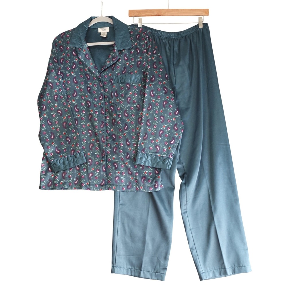 Vintage Pajama Set Womens M Teal Paisley Floral Satin Cottage Grandma Loungewear
